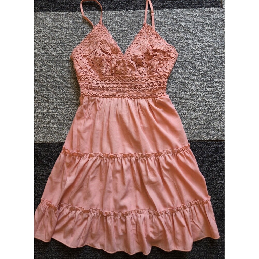 ECOWISH Salmon Pink Lace Ruffle Sundress V-Neck Tie Strappy Short Dress Size S - Picture 3 of 6